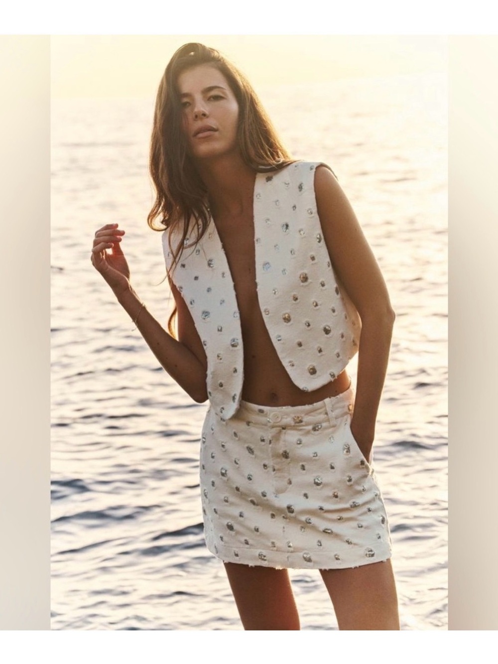 Zara White Mini Skort with Silver Dot Accents